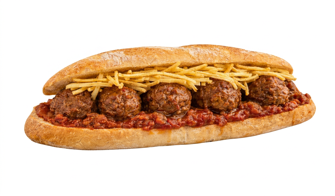PANEKO · Bocadillo limpio para portada PANEKO Arriaga: bocadillo de albóndigas guisadas con tomate, cebolla y patatas chips
